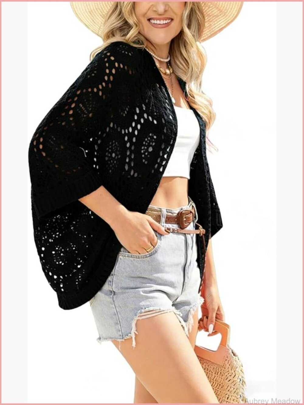 Lightweight Crochet Cardigan 3/4 Sleeve Open Front Knit Kimono Beach Cover Up